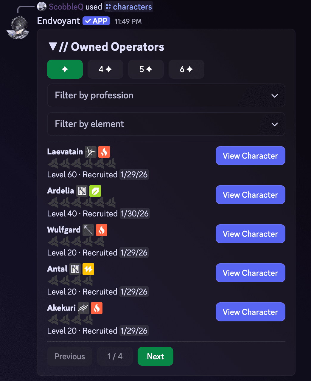Endvoyant character roster inside Discord