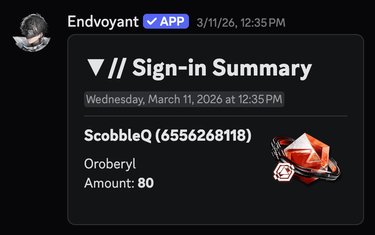 Endvoyant sign-in summary inside Discord